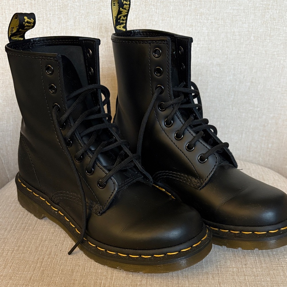 Dr. Martens Black Lace-Up Leather Combat Boots with Yellow Stitching